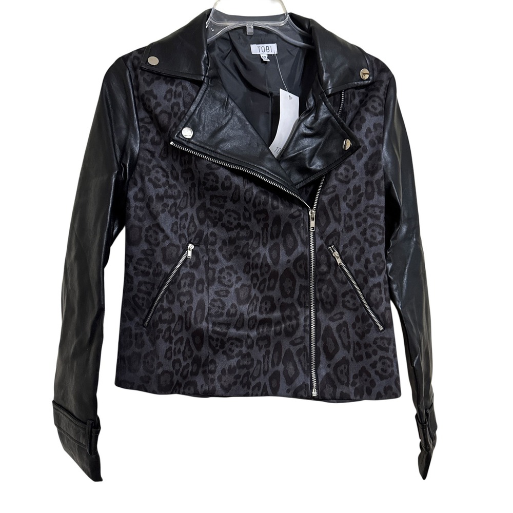 Tobi Womens Leopard Print Faux Leather Moto Jacket Black Grey Small FOJ14083I
